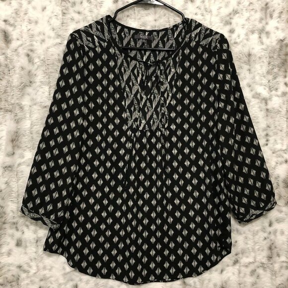 NYDJ Not Your Daughters Jeans Womens Tunic Top Black/White v-neck Tie XS - Picture 1 of 11